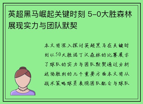 英超黑马崛起关键时刻 5-0大胜森林展现实力与团队默契