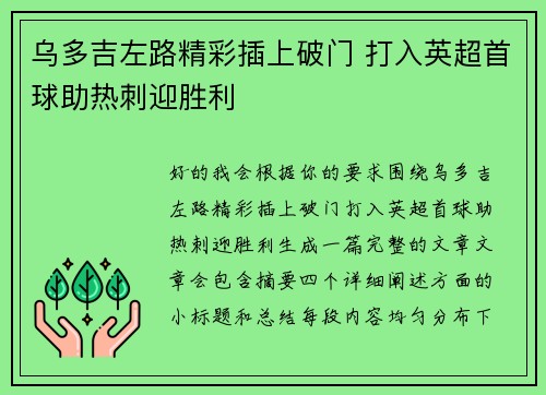 乌多吉左路精彩插上破门 打入英超首球助热刺迎胜利 乌多吉左路精彩插上破门 打入英超首球助热刺迎胜利